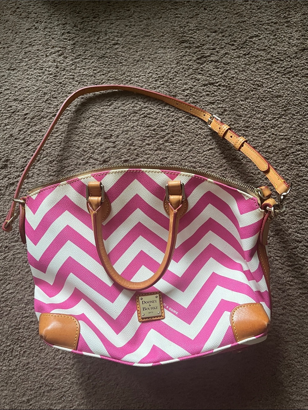 Dooney & Bourke Pink and White Chevron Dome Satchel with Tan Trim